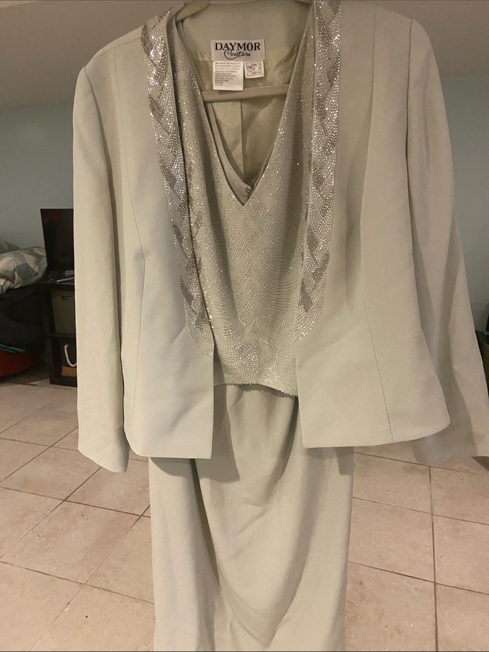 Women's Light Grayish green Beaded Evening Suit Jacket & Dress